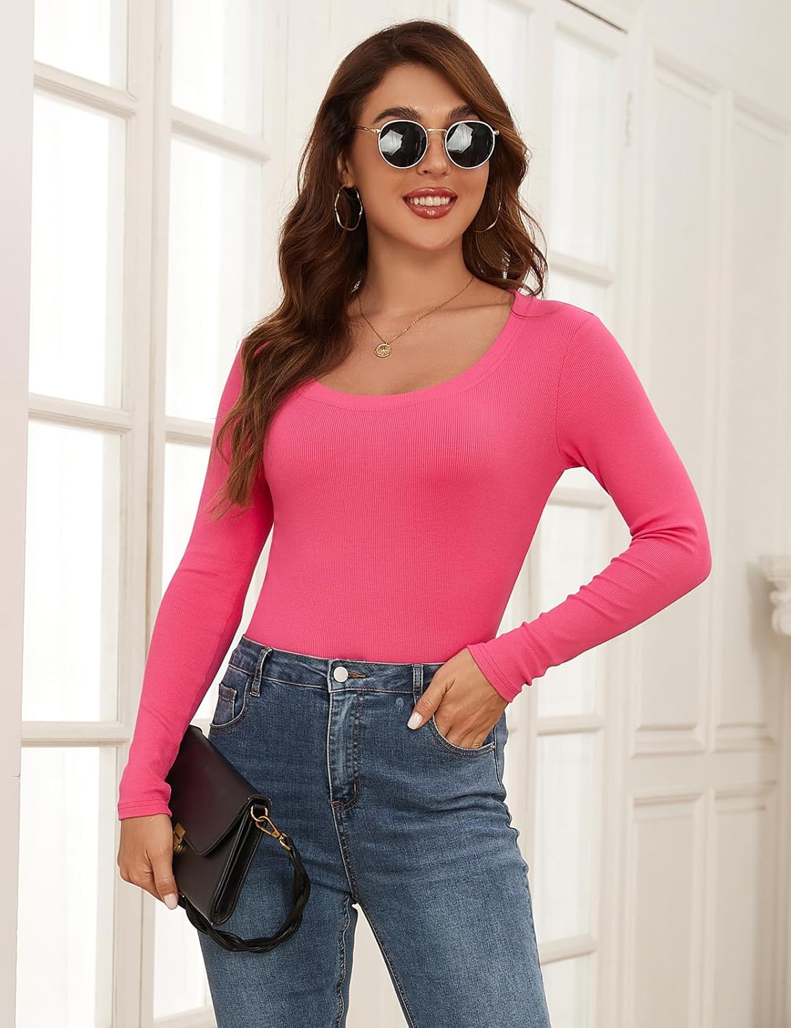 AUHEGN Long Sleeve Shirts for Women Scoop Neck Lightweight Stretchy Fitted Ribbed Basic Layer Tops Blouse - Image 5