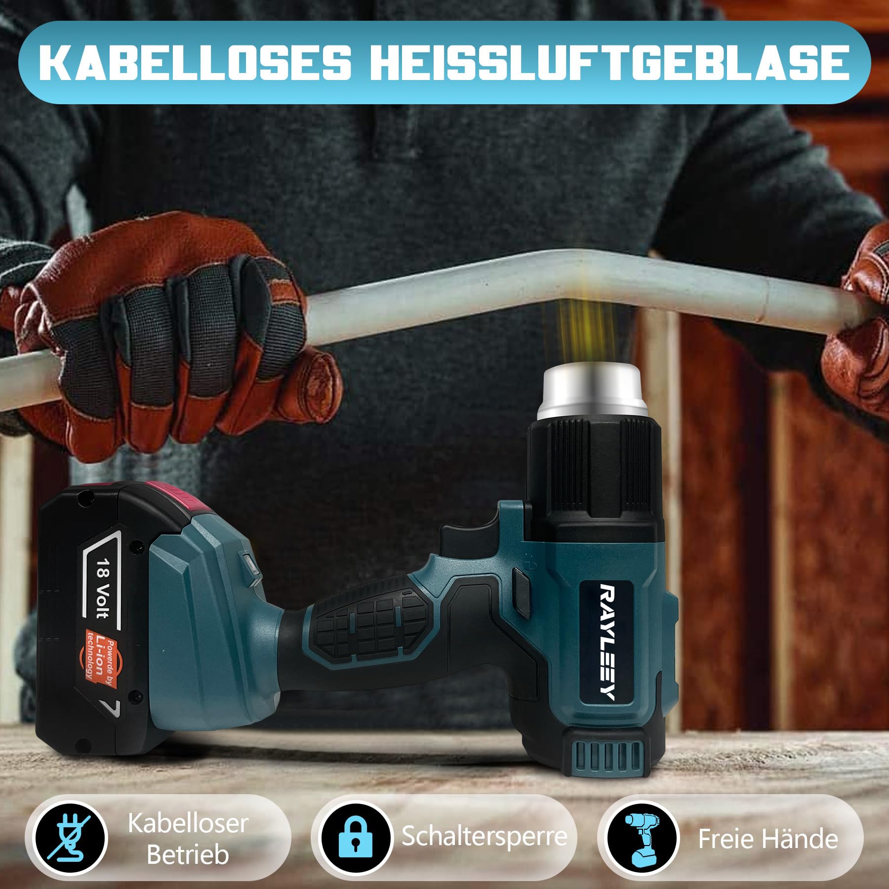 Heißluftgebläse für Bosch Professional 18V System Akku, 50°C-550°C Schnell Aufheizende Löt-Heißluftpistole mit LCD-Digitalanzeige, mit 4 Edelstahldüse für Schrumpffolie, Abziehen, Harz(ohne Akku)
