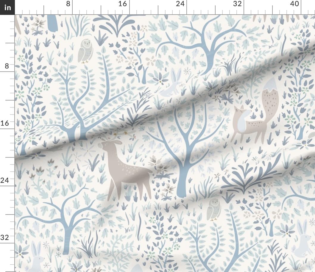 Spoonflower Fabric - Neutral Blue Forest Animals Botanical Nursery Bohemian Chinoiserie Printed on Petal Cotton Fabric Fat Quarter - Sewing Quilting Apparel Crafts Decor