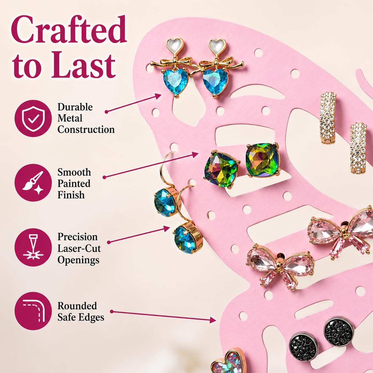 Top Brass Large Metal Butterfly Jewelry Organizer Stand with Ring Tray – 84 Hole Earring Holder for 42 Pairs, Necklace, Bracelet & Ring Storage, Pink Vanity Jewelry Tree, 12 Inch Tall