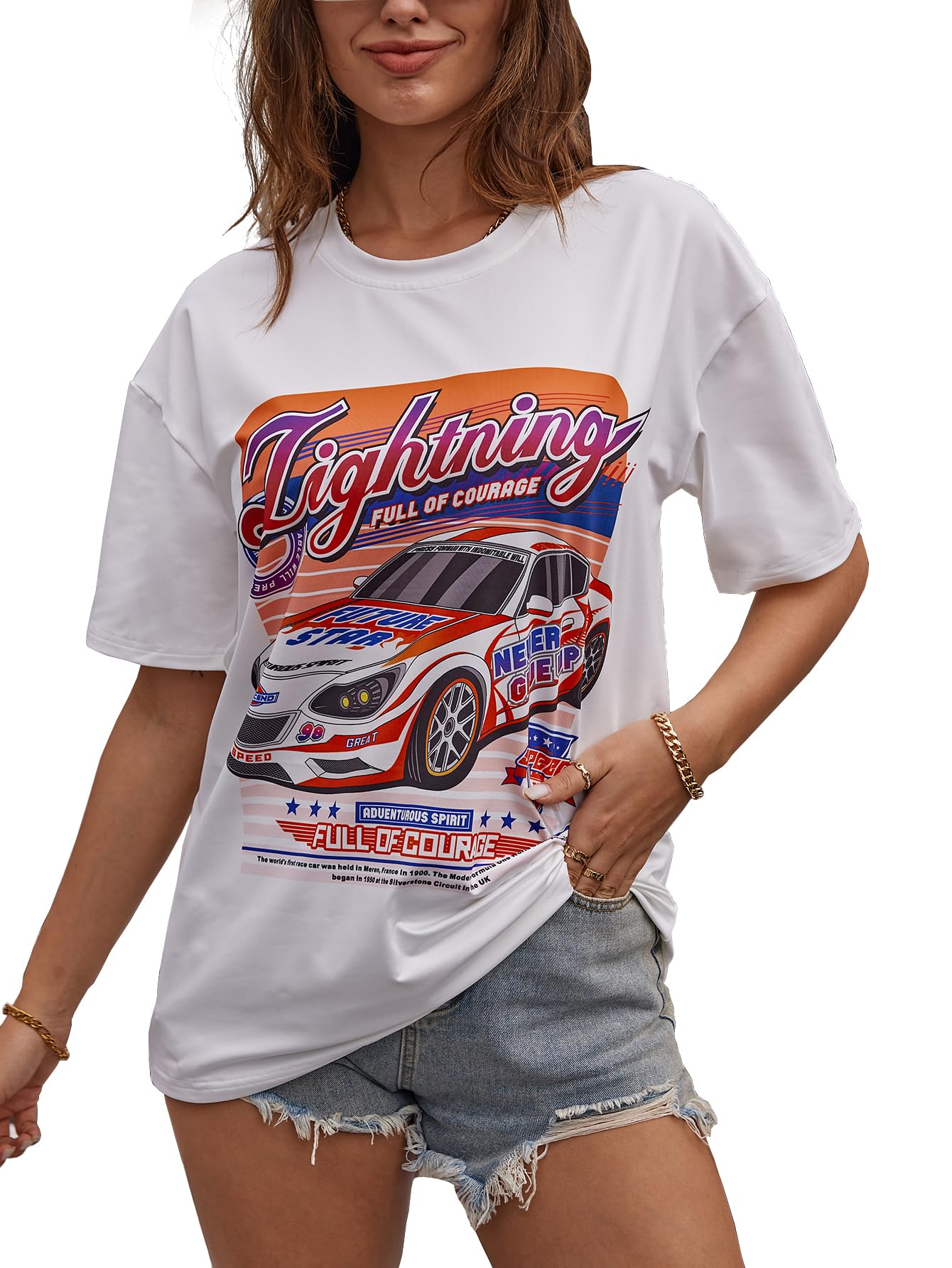 YIJIU Women's Graphic Oversized T Shirts Letter Print Short Sleeve Loose Casual Summer Tops XX-Large White Car Print