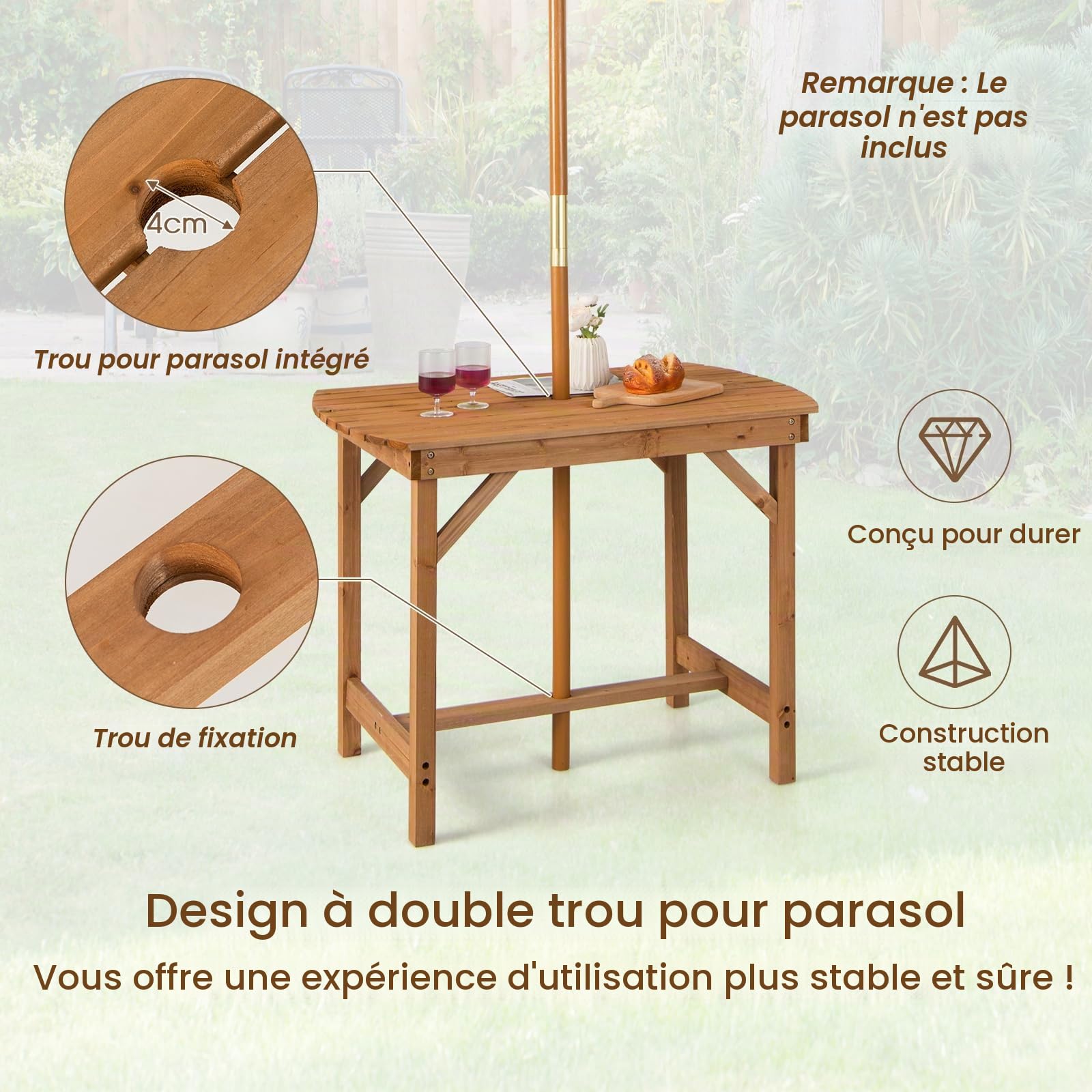 KOMFOTTEU Table de Jardin pour 4-6 Personnes, Table d’Extérieur en Bois de Sapin avec Trou de Parasol, pour Patio, Balcon,Terrasse, Charge de 180 kg, 100 x 60,5 x 75 cm, Naturel