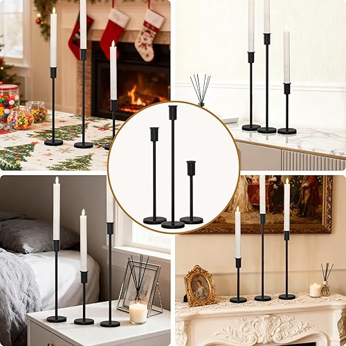 Miniatura 6 de Portavelas de pilar negro mate Juego de 3 candelabros decorativos de hierro pesado para centro de mesa, boda, comedor, fiesta portavelas