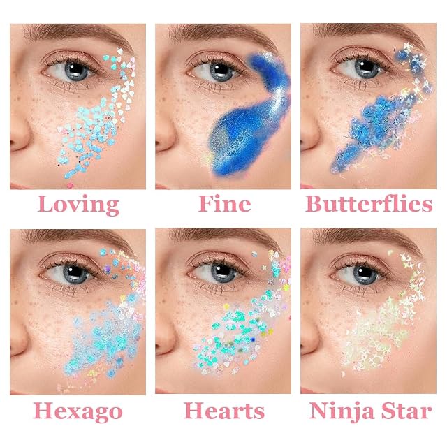 Foto 4 de 7 de XFSRG 6 Piezas Maquillaje con Purpurina Glitter para Cara Cuerpo y Cabello con Estrellas Corazones…