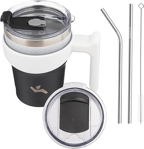 Miniatura 62 de Vaso de 30 onzas con asa y 2 pajitas, 2 tapas, botella de agua aislada de acero inoxidable con vacío, taza de viaje reutilizable, color lavanda