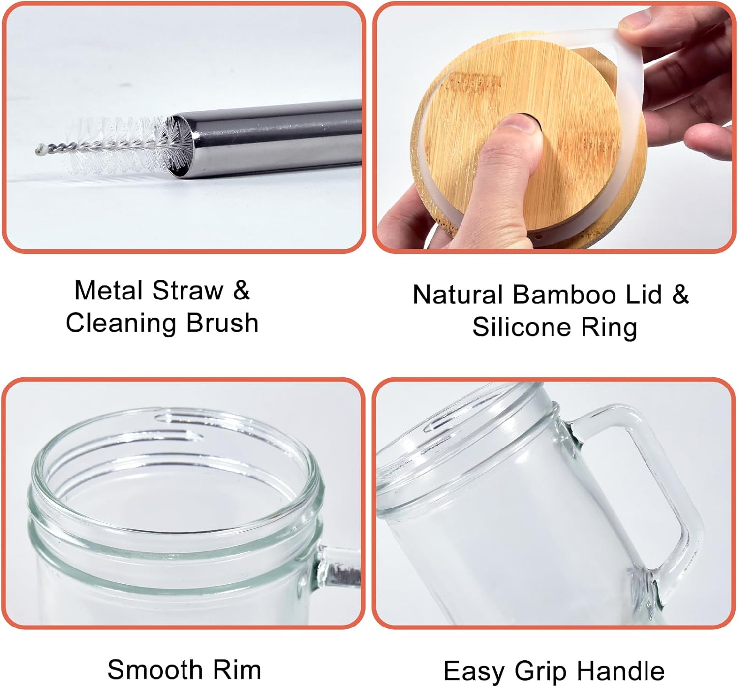 2Pcs Glass Cups with Lids and Straws, 24oz Mason Jar Iced Coffee Cup Drinking Jars Glasses Tumbler with Handle Bamboo Lids Wide Mouth Travel Mug for Bubble Tea, Iced Coffee, Smoothie, Beer - Image 3