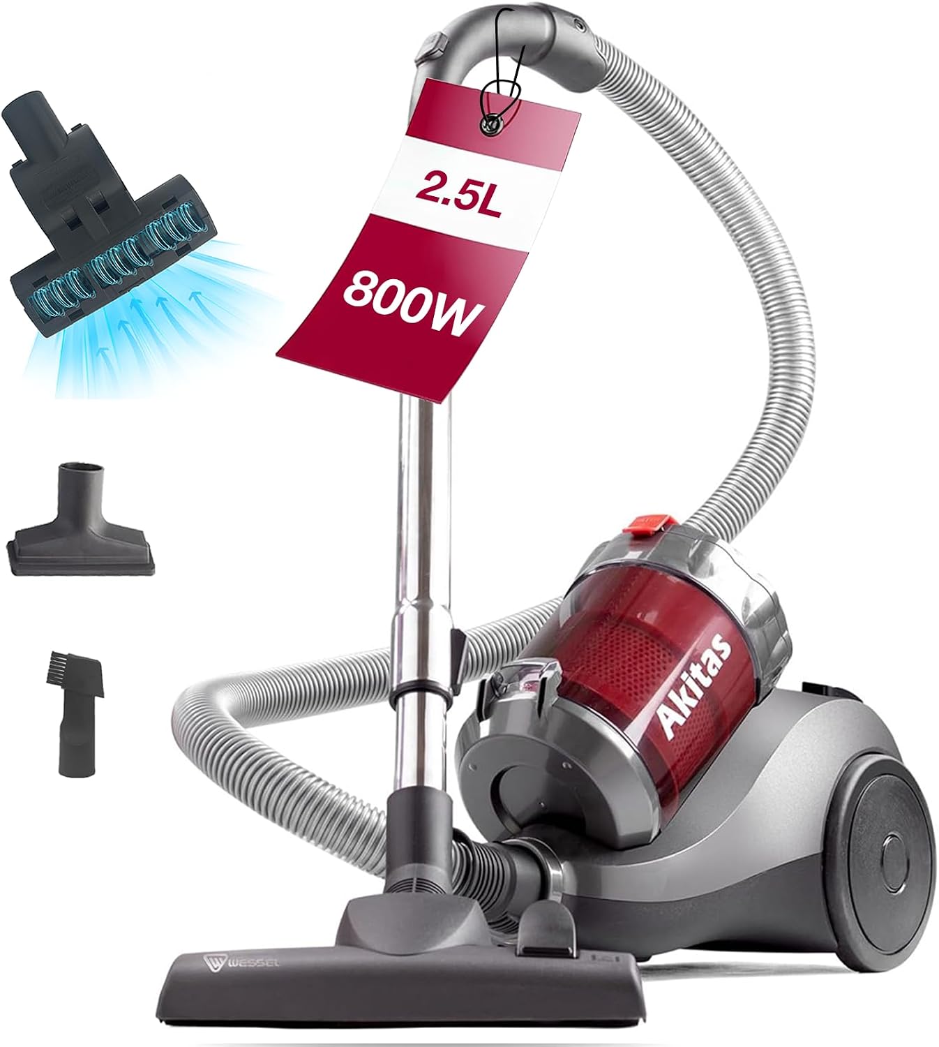 Akitas 800W Bagless Cylinder Vacuum Cleaner 2.5L with 2in1 German Wessel Werk Nozzle Head and Turbo Tool for Pet Hair, Anti Hair Wrap Technology, for Hard Floor & Carpet
