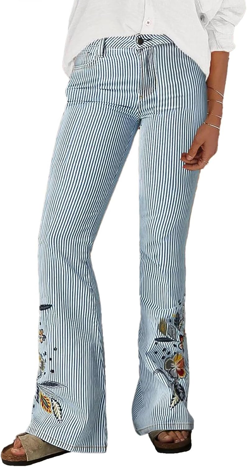 Flamingals Women's Low Rise Stretch Denim Bootcut Jeans with Striped Embroidery Casual Pants