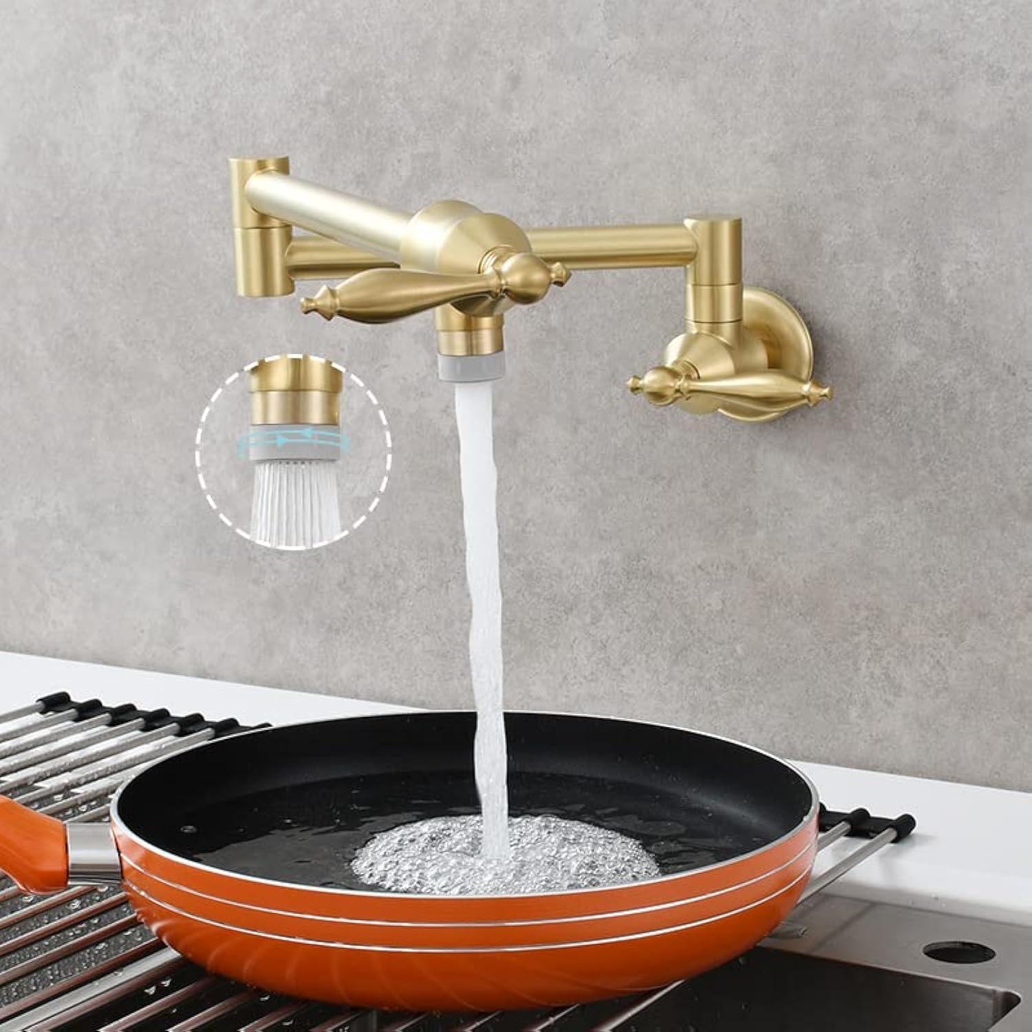 Solid Brass Antique Wall Mounted Folding Faucet Double Switch Foldable Kitchen Sink Pot Filler Faucet Gold Brushed