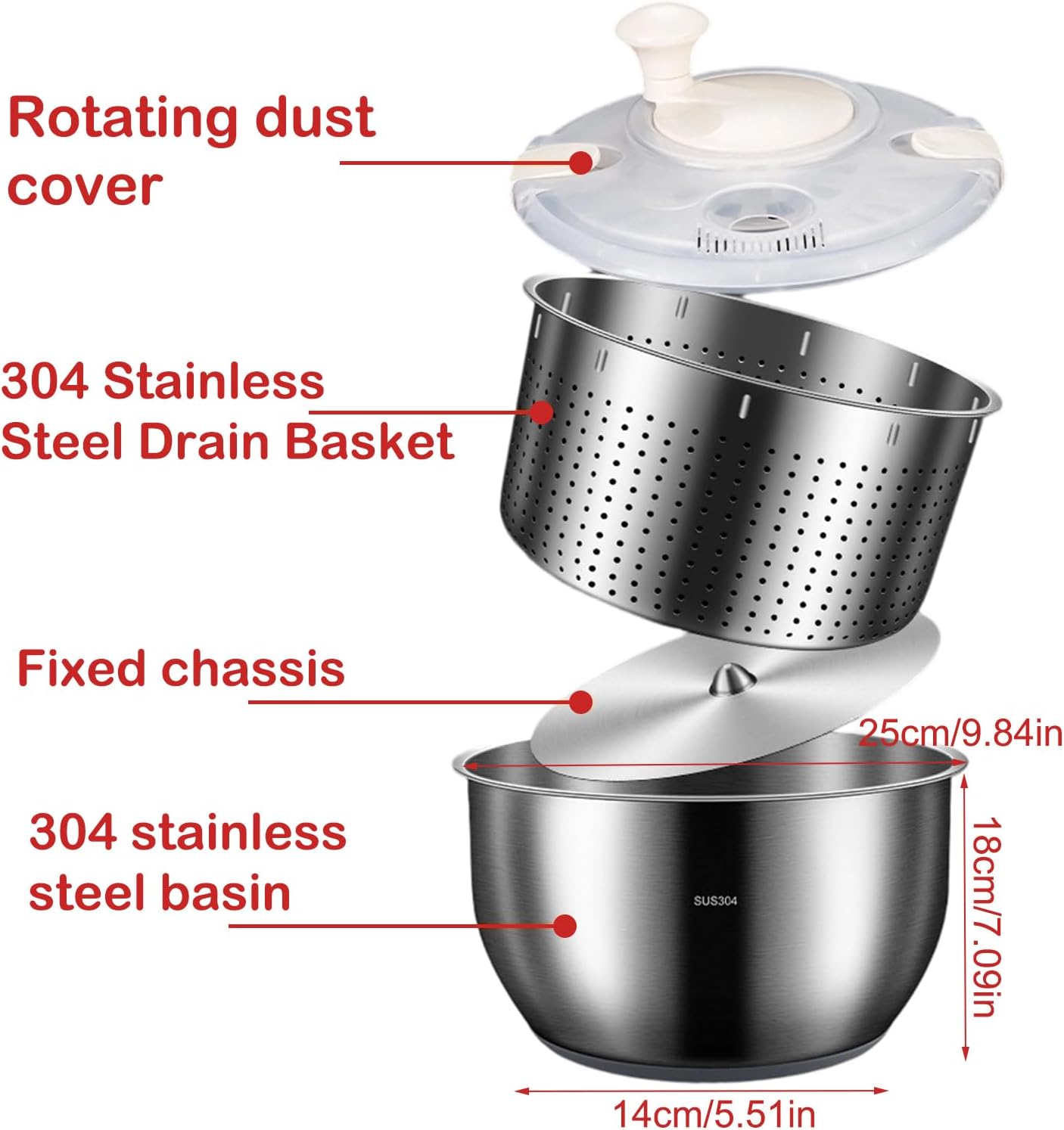 6L Stainless Steel Salad Dehydrator, Vegetable Washing Bowl,Lettuce Spinner, Fruit Washer,with 3 Grating Tools,Quick Spin Commercial Salad Spinner for Household