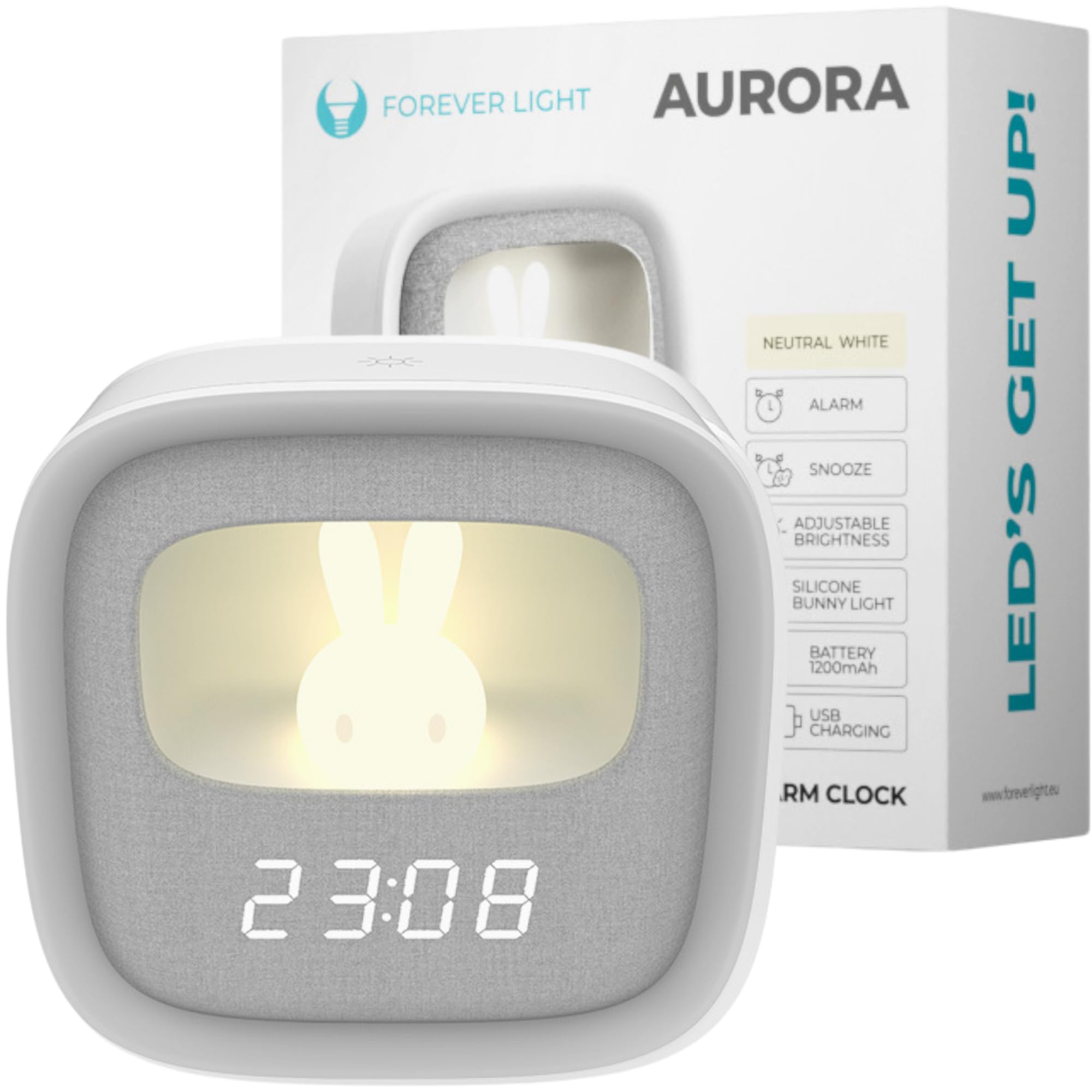 Forever Luz LED PURE FNL-06 AURORA Reloj despertador con conejito nocturno - Reloj digital, despertador, luz nocturna para dormir, para niños, temporizador, ajustable, para habitación infantil, conejo