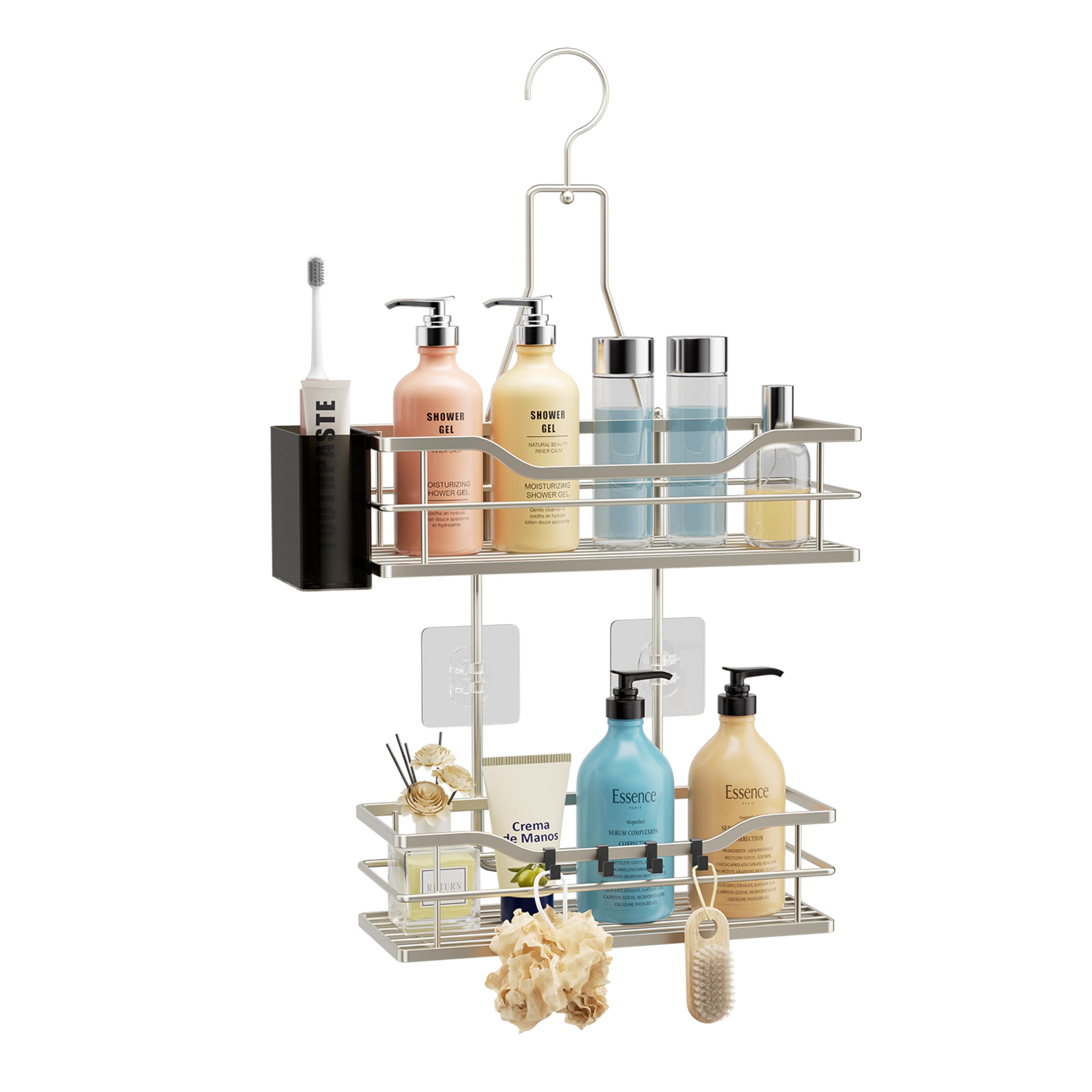 HapiRm Shower Caddy Hanging Organiser - 2 Tier Bathroom Caddy Organiser with 360° Rotatable Top Hook and 4 Hooks, Rustproof Shower Shelf Hanging for Shampoo, Conditioner, and Bathroom Storage