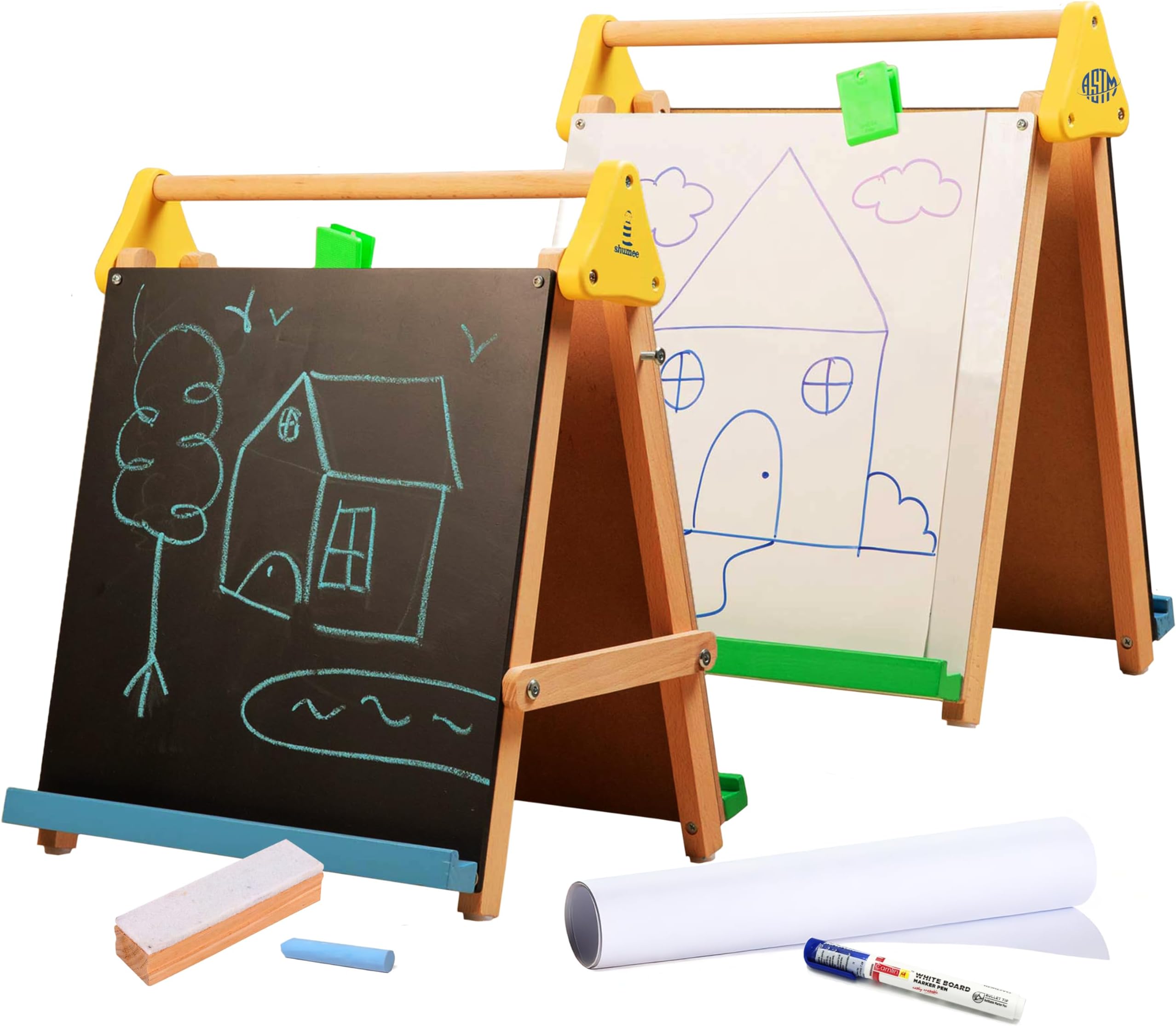 Wooden 3-in-1 Double Sided Table Top Easel(2 Years+) - Black Board, White Board, 25 Big White Sheets to Write, Draw & Paint