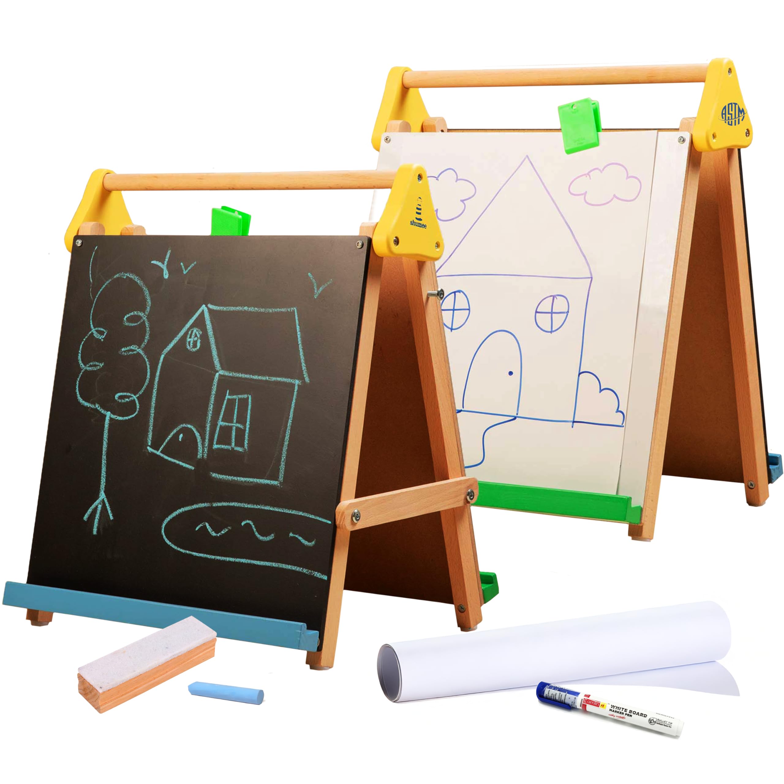 Sponsored Ad - Shumee Wooden 3-in-1 Double Sided Table Top Easel(2 Years+) - Black Board, White Board, 25 Big White Sheets to Write, Draw & Paint