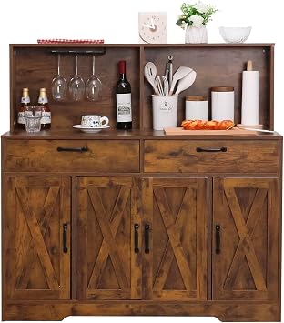 Sideboard Buffet Cabinet with Storage, 47 Farmhouse Coffee Bar Cabinet, Kitchen Pantry Storage Cabinet with Doors and Shelves for Dining Room, Living Room, Kitchen, Brown