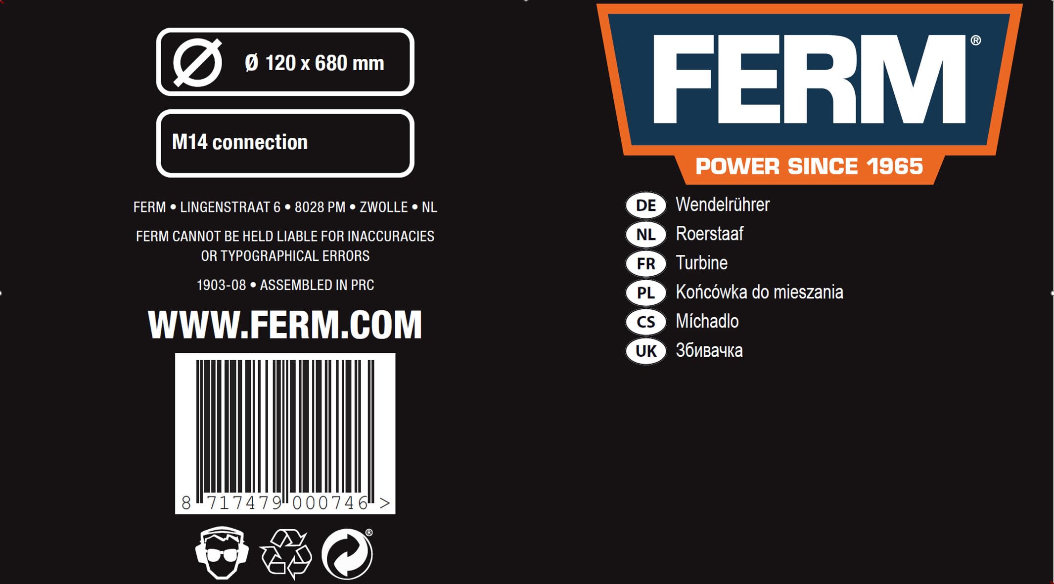 FERM Frusta - per Materiali Collosi e Viscosi 120x680mm - per miscelatore
