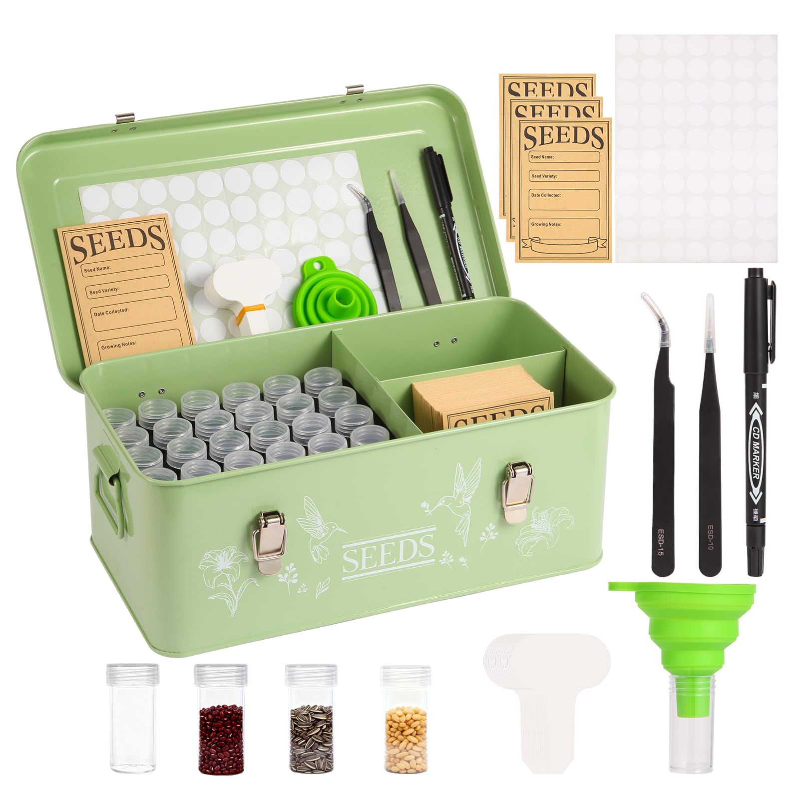 60 Slots Seed Box Storage Organizer with 3 Compartments,Large Metal Storage Garden Box with Lid&Safety Locks,50 Seed Labels Markers 60 Seed Envelopes,Professional Seed Trays Kit Gardening Gifts