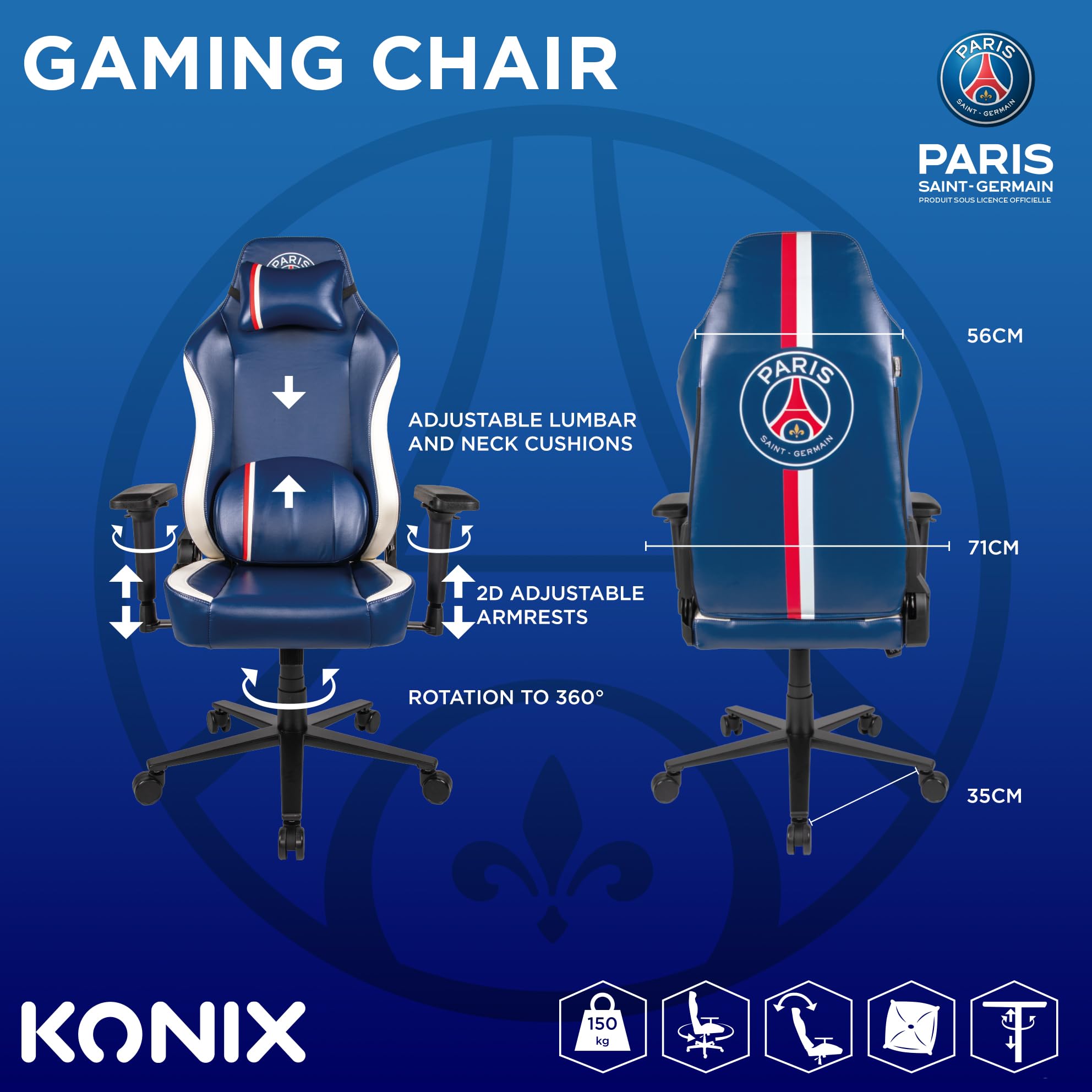 Konix PSG Chaise de Bureau Gaming Premium - Inclinaison siège 150° - Cuir polyuréthane - Coussin lombaires et cervicaux réglable - Appui-tête - Bleu