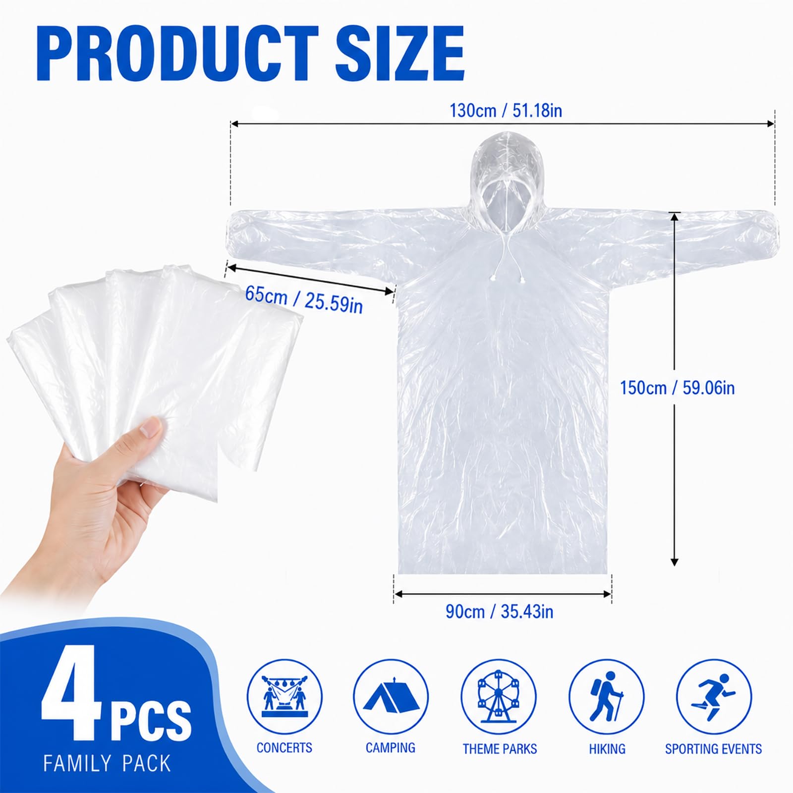 Lote de 4 Ponchos de Lluvia Desechables para Adultos, Capa Transparente Impermeable con Capucha y Mangas Sueltas, Protección Ligera para Senderismo Camping Parque de Atracciones