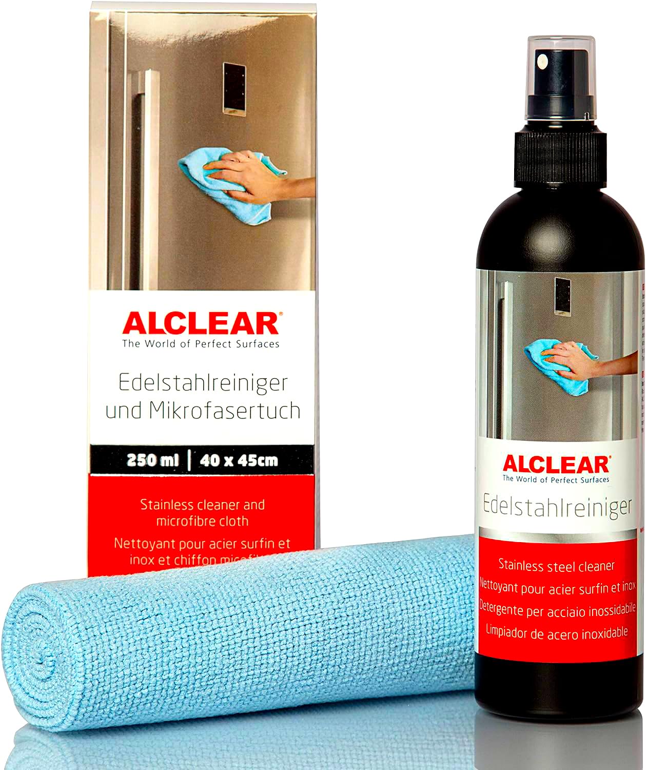ALCLEAR 721ER Edelstahlreiniger Set + Mikrofasertuch - Reiniger für Edelstahlflächen, streifenfrei fettlösend für Küche, Kühlschrankfront, Dunstabzug & mehr – Reinigung ohne Politur – Made in Germany