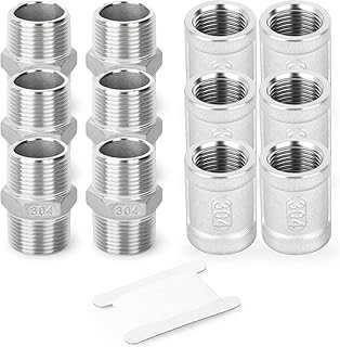 TAISHER 12PCS 304 Stainless Steel Hex Nipple 1/2" MNPT × 1/2" MNPT，Coupling 1/2" FNPT × 1/2" FNPT,Thread Pipe Fitting Kit
