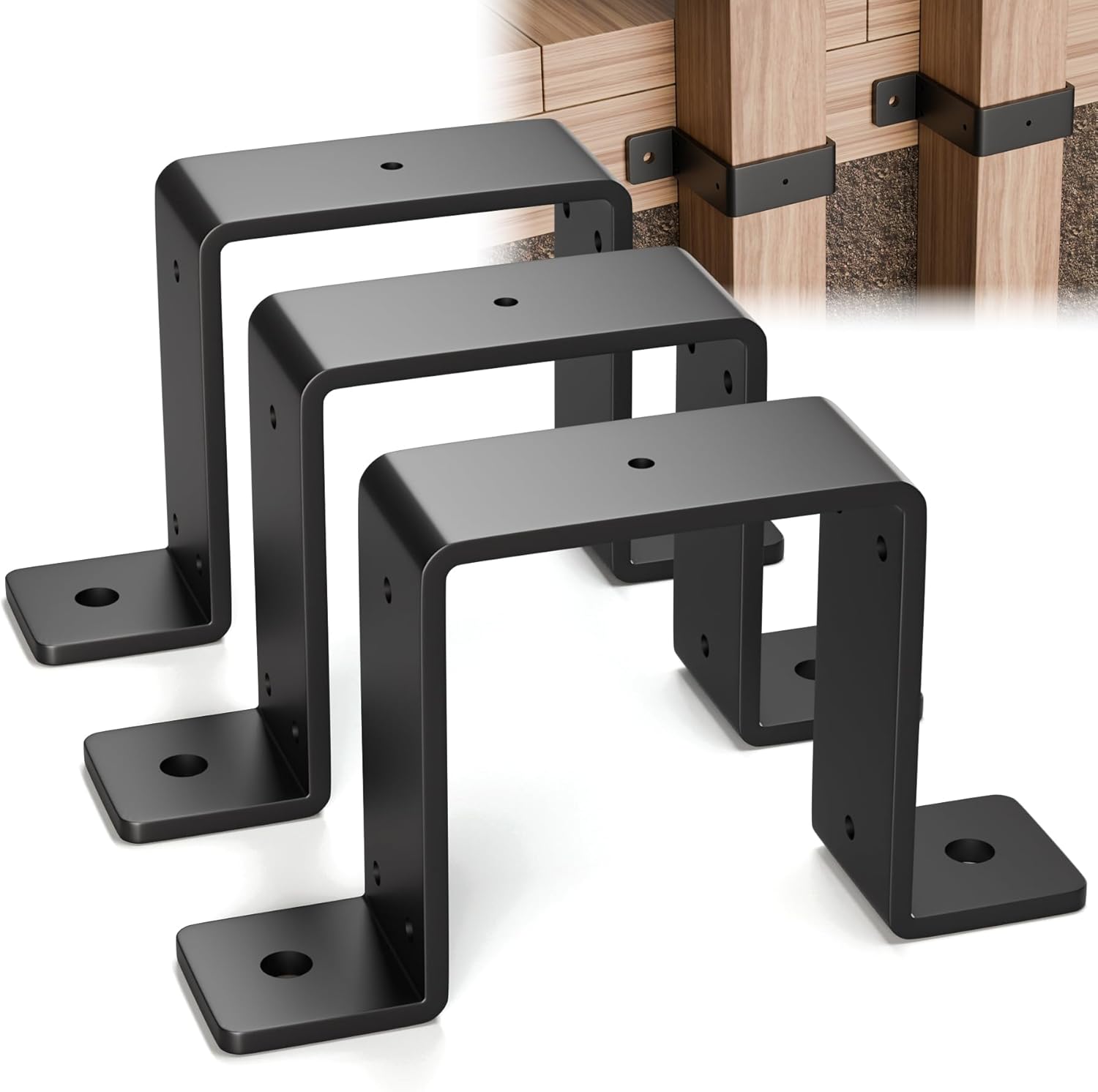 6 Pcs 4" x 4" Strap Post Ties,Heavy Duty deck fence post brackets for 4"x4" wood Post Beam, Gazebo Mounting Brackets,Thickness 2mm - Black