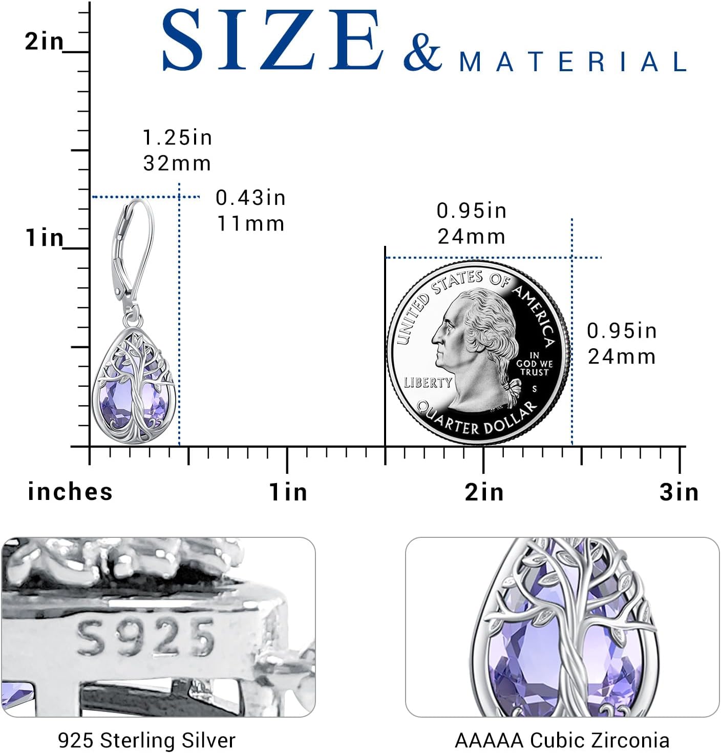 Eusense Birthstone Moonstone Turquoise Teardrop Dangle Earrings for Women Sterling Silver Pear-shaped Stone Tree of Life Animals Leverback Earrings Jewelry - Image 2