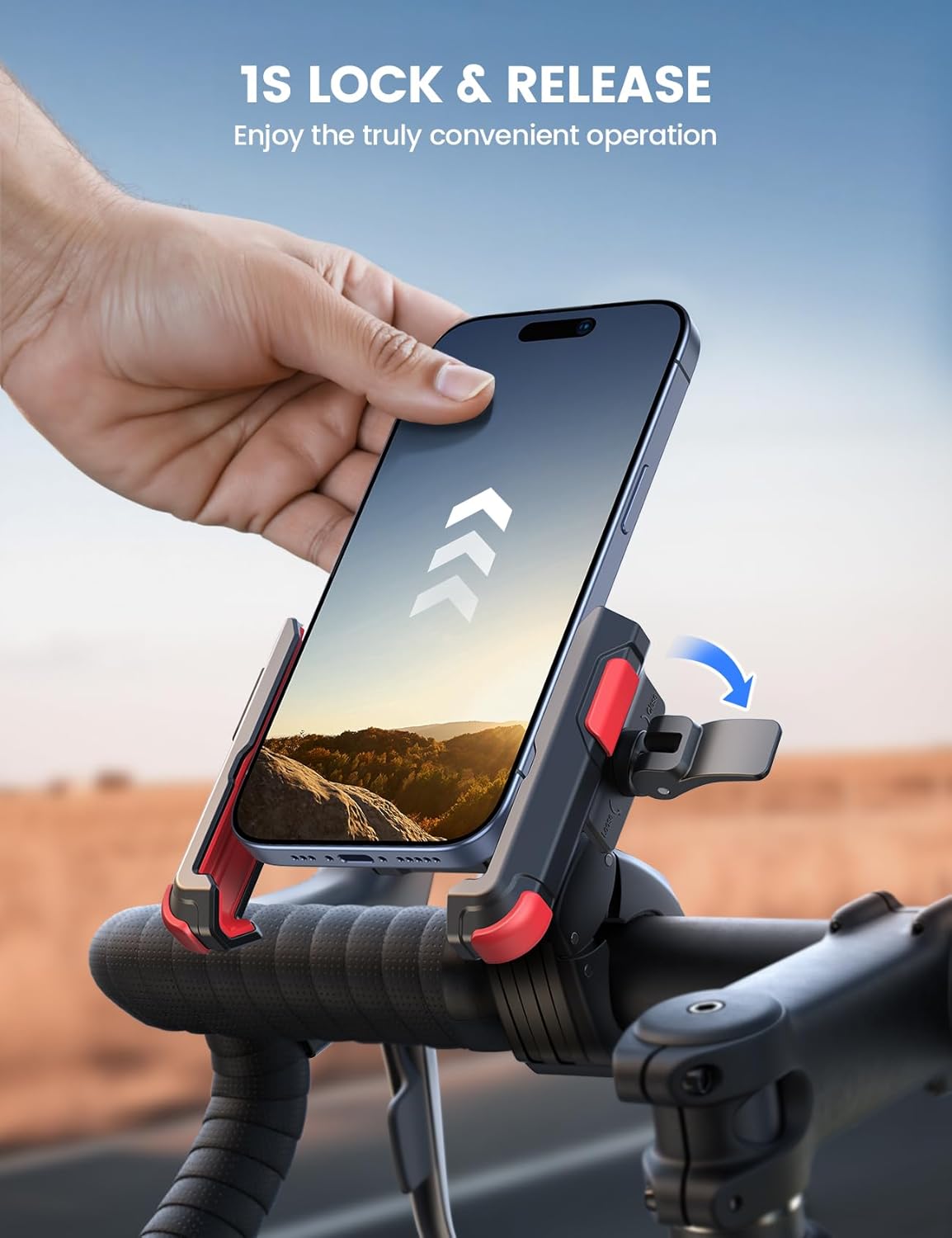 Hand inserting a smartphone into the Lamicall bike phone mount, demonstrating the 1-second lock and release feature.
