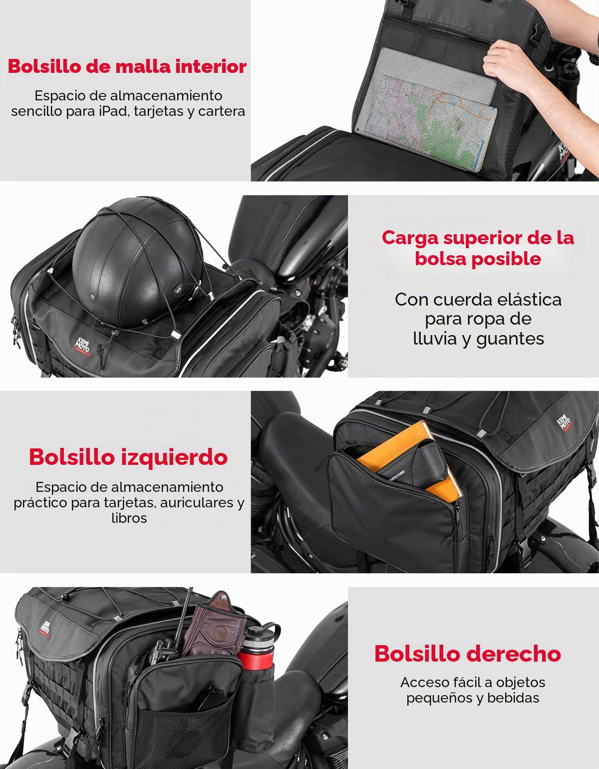 KEMIMOTO Bolsa para motocicleta 35-45 L, impermeable, gran capacidad, bolsa para sillín extensible, con funda para lluvia, fácil montaje, color negro