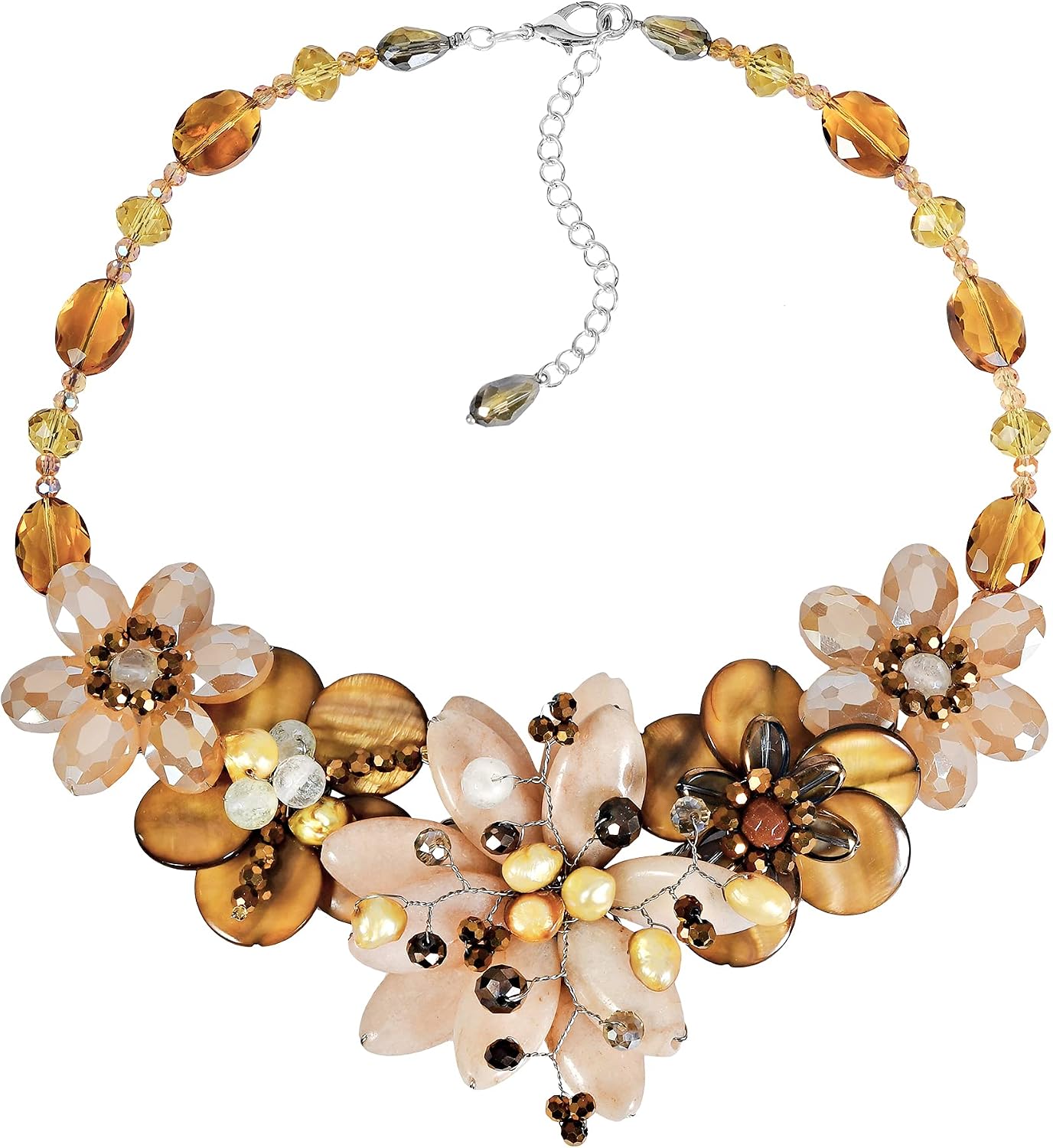AeraVida Natural Elegant Brown Tones Agate Stone and Seashell Floral Necklace | Handmade Flower Collar Necklace | Boho Jewelry | Gift for HER