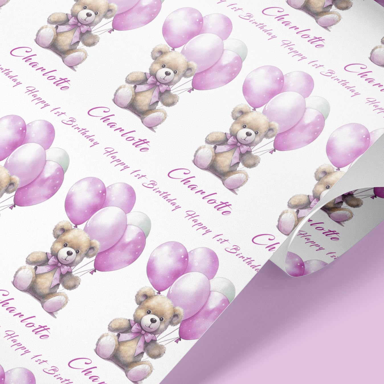 Pink Teddy Bear Personalised Birthday Wrapping Paper – Custom Name – Baby Girl Gift Wrap for 1st Birthday – 1m to 8m Roll – Fully Recyclable - Any age (Pink, 5mt)
