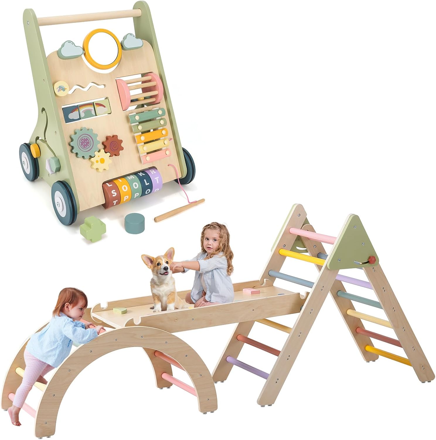 Pikler Triangle Set 7in1 Climbing Toys for Toddlers 1-3 Baby Climbing Gym & Montessori Wooden Baby Walker