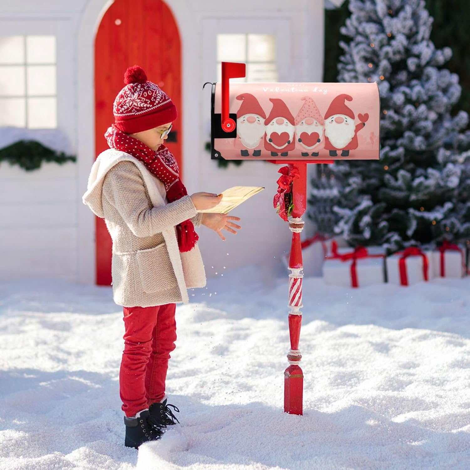 Vdsrup Red Love Gnomes Mailbox Covers Magnetic Valentine's Day Mailbox Wraps Standard Size 18" X 20.7" Post Letter Box Garden Decorations