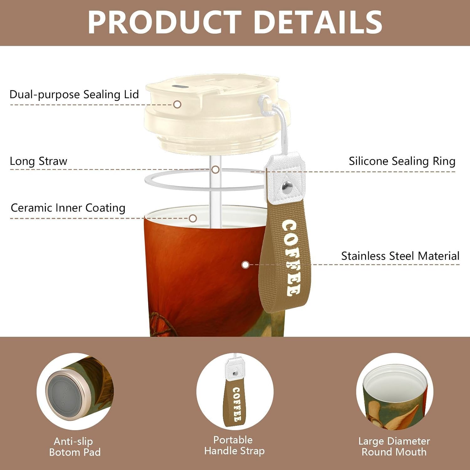 Insulated Coffee Mug Rabbit Balloon Cute with Straw & Flip Lid, 16.9oz Iced Tumbler Cup, Double Wall Vacuum Mug for Travel Office Camping