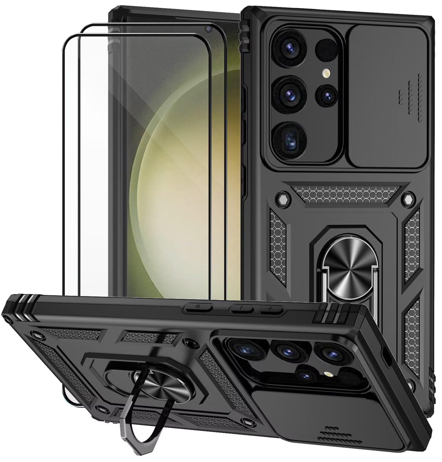 Cover per Samsung galaxy S24 Ultra con Vetro Temperato Custodia con Scorrevole Protezione Fotocamera Custodia Rotante Anello Supporto Antiurto TPU Bumper Custodie Case Cover-Nero