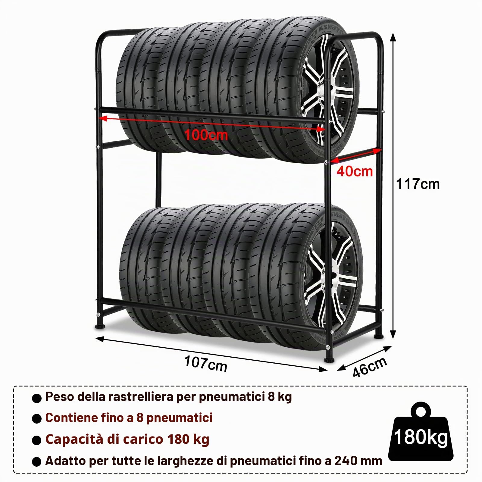 1* scaffale per pneumatici per 8 pneumatici, 107 x 46 x 117 cm supporto per pneumatici 2 strati regolabile in altezza, scaffali di stoccaggio capacità di carico 180 kg con copertura protettiva