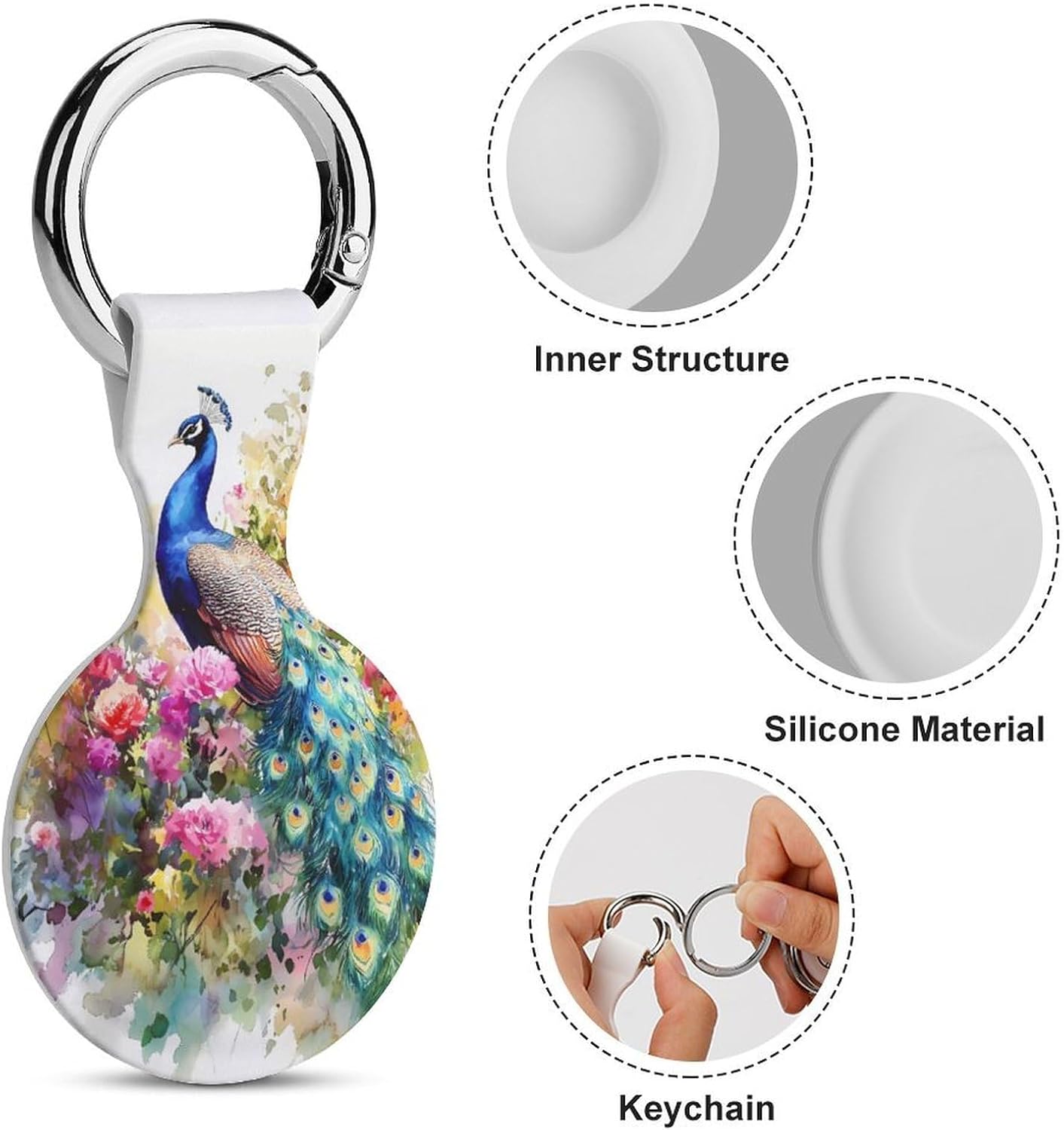 Peacock with Spring Flowers Case Compatible with AirTag Holder Cover with Keychain Ring for Bags Luggages
