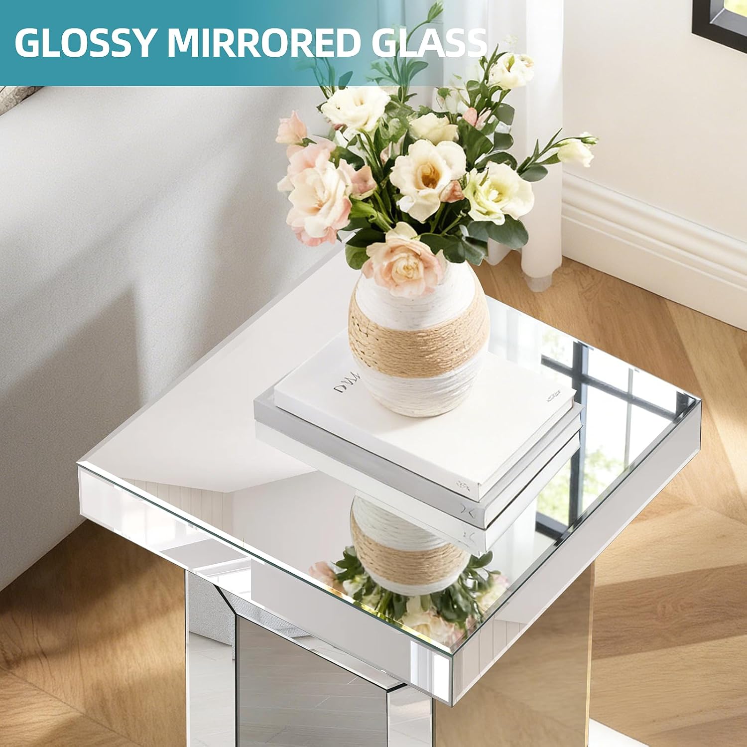 Silver Mirrored End Table, Minimalist Side Accent Tables, Small Coffee Table for Living Room, Bedroom, Corner, 11.8"x11.8"x22"