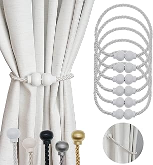 6 Pack Magnetic Curtain Tiebacks Modern Handmade Rope Curtain Tie Backs Decorative Drapes Weave Holdbacks for Home Outdoor Bedroom Office Decorative Curtain, White