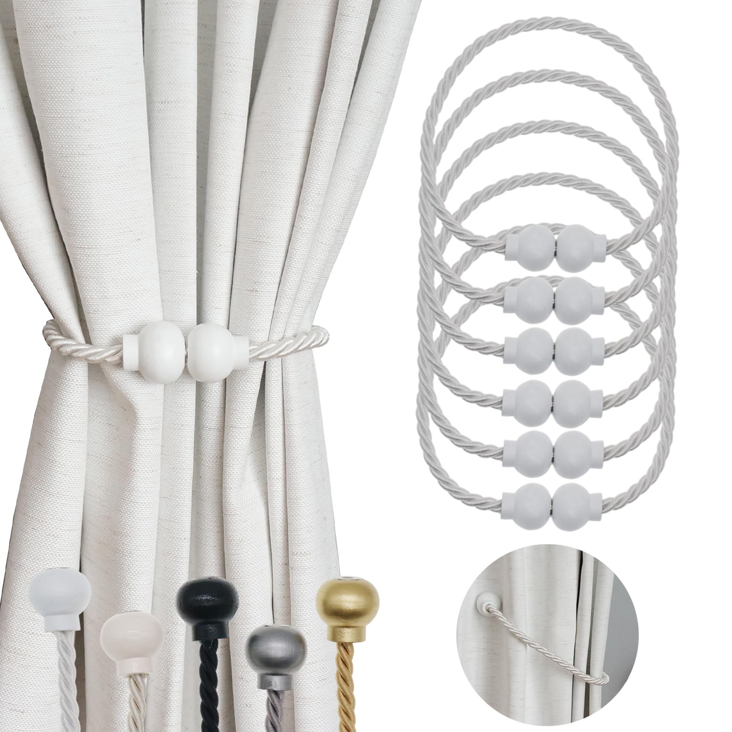 6 Pack Magnetic Curtain Tiebacks Modern Handmade Rope Curtain Tie Backs Decorative Drapes Weave Holdbacks for Home Outdoor Bedroom Office Decorative Curtain, White