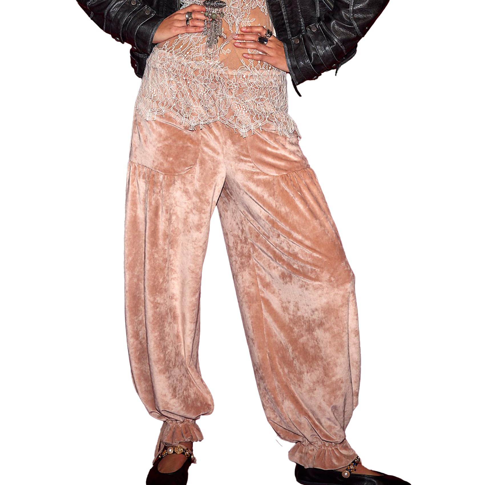 Duyang Women Velvet Harem Pants Lantern Flare Leggings Elastic Waist Trouser Drawstring Joggers Soft Lounge Pant with Pockets