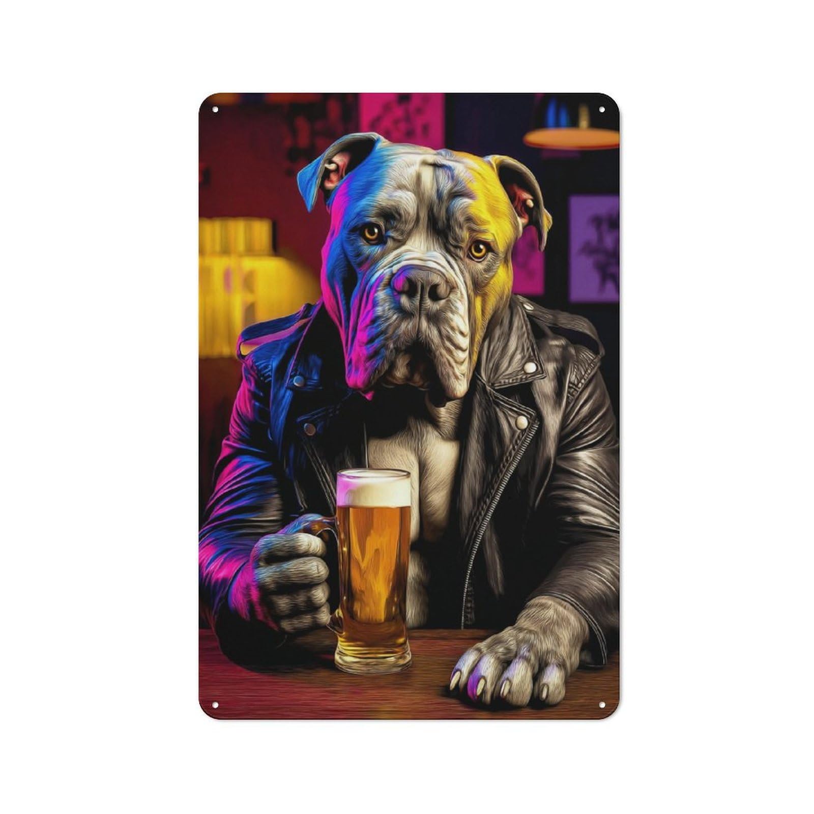 Colorful Dog in Leather Jacket with Beer Decorative Metal Plaque 30x20cm, Garage Style Shed Wall Plaque for Workshop, Basement, Shed Or Games Room