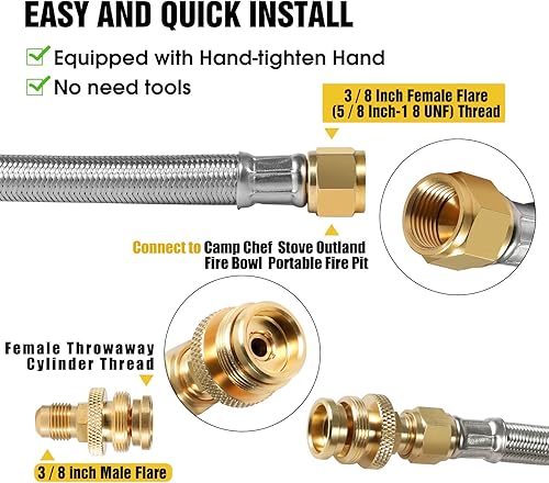 Miniatura 6 de Manguera de propano de conexión rápida de 12 pies para RV, con válvula de cierre de seguridad, conector de desconexión rápida de 14 pulgadas para RV