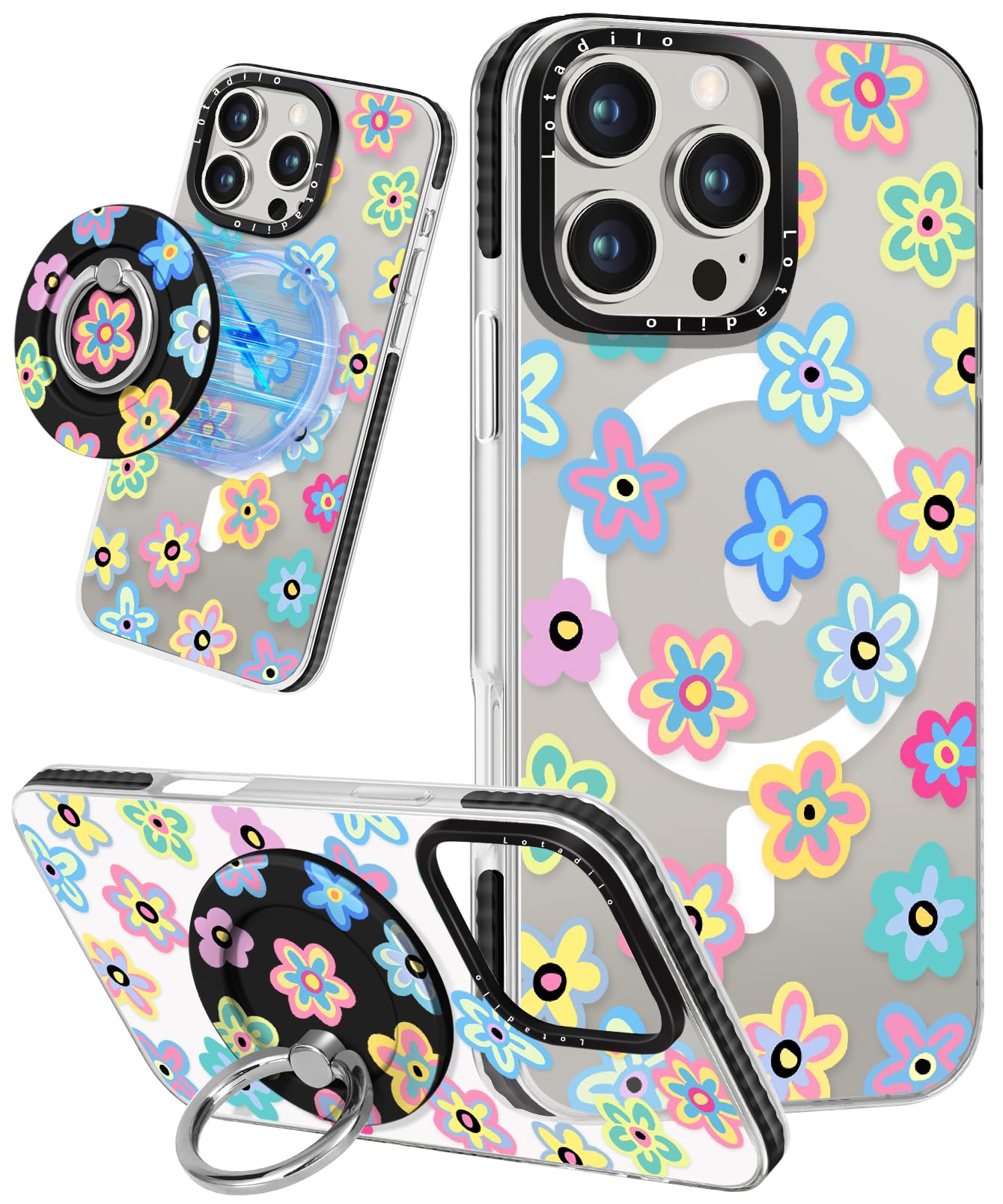 Lotadilo Case for iPhone 16 Pro Case Compatible with Magsafe Ring Holder Stand - for Women Spring Flower Design TPU Phone Cover for Girls Girly Funny