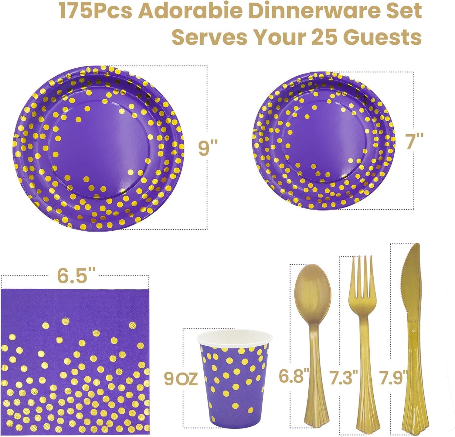 AIRE 175PCS Purple Gold Paper Plates Set, Disposable Dinnerware for 25 image 3