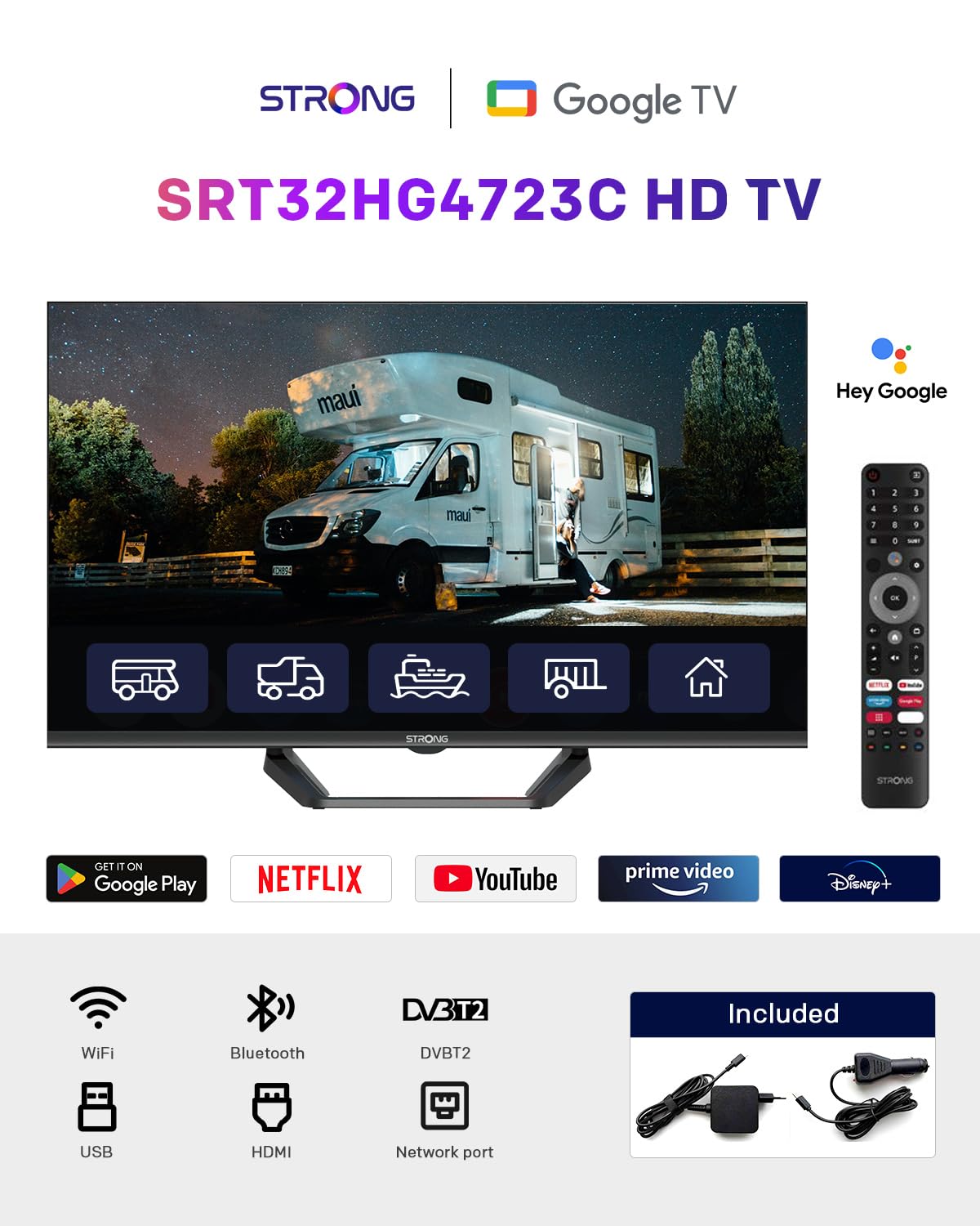 STRONG SRT32HG4723C 32" TV HD DVB-S2/C/T2 12V Camping-Car Cuisine Chambre Bateau 2 HDMI 1 USB Noir