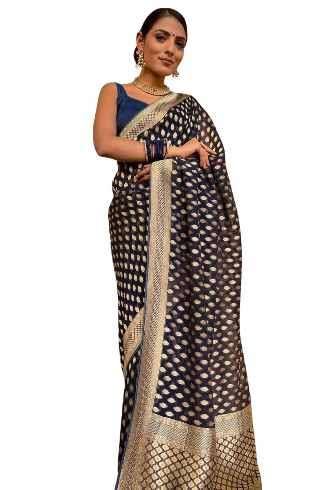women's Midnight Silk Saree with Elegant Golden Leaf Buttas and Ornate Brocade Border Regal Ethnic Wear 5.5 Meter Saree 0.8 Meter Unstitched Blouse Piece_black-image-16