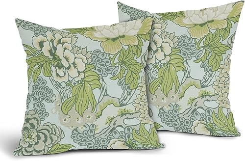 Sweetshow Fundas de almohada chinoiserie con flores verdes primaverales, paquete de 2 fundas de almohada de 20 x 20 pulgadas, color verde claro