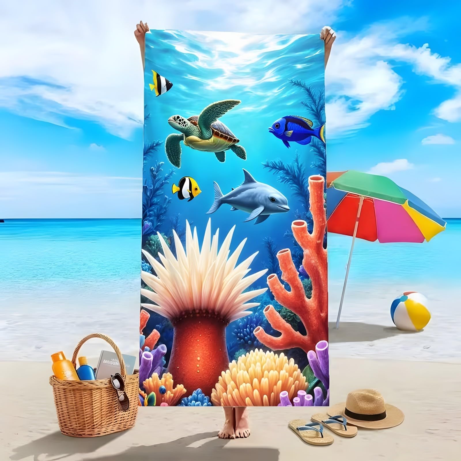 YZQGLHP Seaweed Microfibre Beach Towel Sea Turtles Beach Bath Towel Quick Drying, Lightweight, Sand-Free, Durable, for Pool, Gym, Camping, Travel Towel 180x200cm