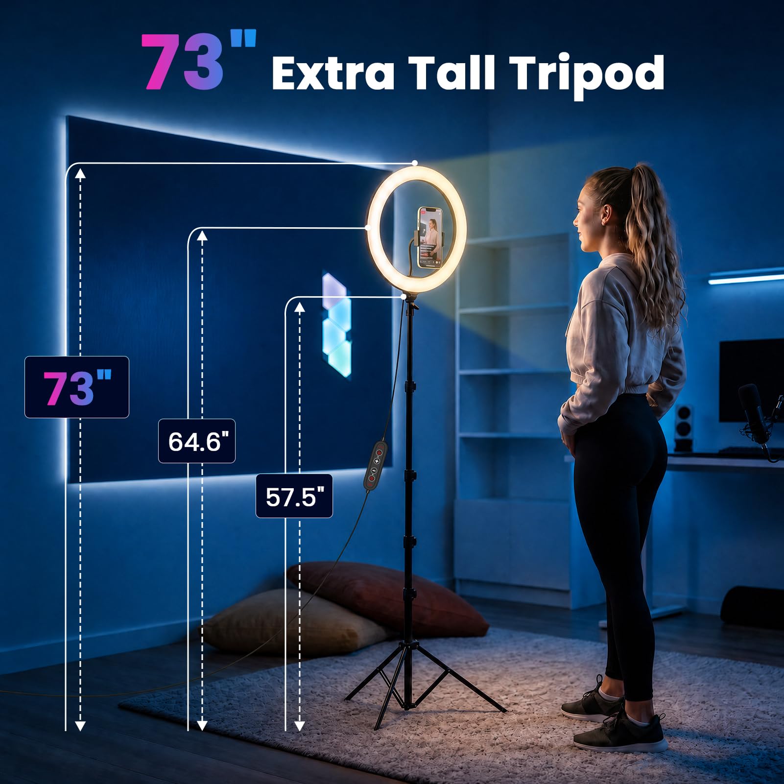 PEYOU Lampa pierścieniowa do selfie 30,5 cm ze statywem i uchwytem na telefon, wysokość 186 cm, lampa pierścieniowa na biurko, 48 kolorów RGB, ulepszona 3 w 1, ściemniana, regulowana prędkość